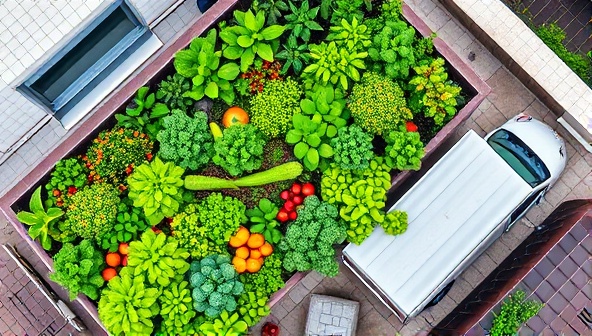 An aerial view of a vibrant rooftop garden filled with lush green plants and colorful vegetables, with a delivery van parked nearby, symbolizing freshness and sustainability.