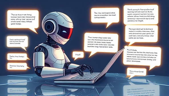 An illustration of a futuristic AI-powered writing assistant, depicted as a friendly robot composing content on a sleek digital interface, surrounded by glowing text bubbles of different writing styles and tones, showcasing versatility and efficiency.