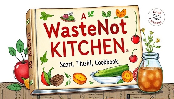 An artistic illustration of a WasteNot Kitchen cookbook cover featuring vibrant food illustrations, eco-friendly packaging, and a tagline emphasizing sustainability and creativity in the kitchen, conveying a sense of culinary innovation, resourcefulness, and environmental consciousness.