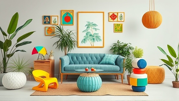 A visually impactful image displaying a collection of modern and colorful home decor items and accessories made from recycled plastic, arranged in an eco-friendly setting with green plants and natural elements, conveying the brand's commitment to sustainability and creativity.