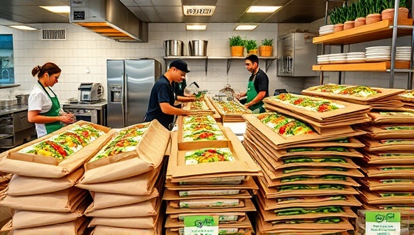 A vibrant and inviting kitchen space bustling with chefs preparing colorful plant-based meals in eco-friendly packaging, with delivery bags stacked ready for distribution, showcasing the freshness and variety of vegan dishes offered by Green Eats Express.