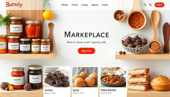 An aesthetic online marketplace layout showcasing a variety of artisanal food products, such as colorful jars of homemade preserves, artisan chocolates, handcrafted spice blends, and freshly baked goods, creating a visually enticing and inviting shopping experience for culinary enthusiasts.