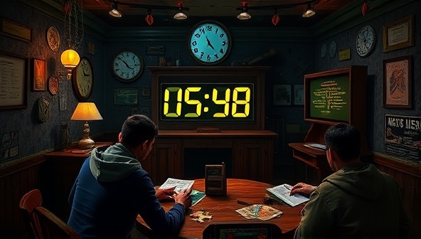 An intricately designed virtual escape room setting with players collaborating and solving puzzles together, with a countdown clock ticking in the background, creating a sense of urgency and excitement during the EscapeQuest Live challenge.