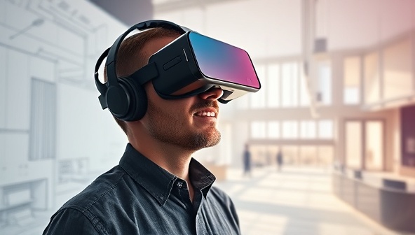 An architect wearing a VR headset, immersed in a virtual representation of a building design, surrounded by digital blueprints and design elements, highlighting the fusion of technology and architecture.