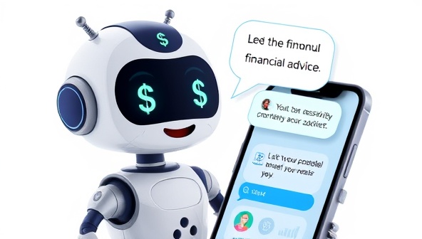 An animated chatbot character with a friendly face and a speech bubble containing financial symbols like dollar signs and graphs, interacting with a user on a smartphone screen, conveying accessibility and personalized financial advice.