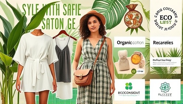 An aesthetically pleasing digital collage showcasing sustainable fashion items like organic cotton clothing, recycled accessories, and ethically sourced jewelry against a backdrop of lush greenery and eco-conscious branding elements, conveying a message of style with a purpose.