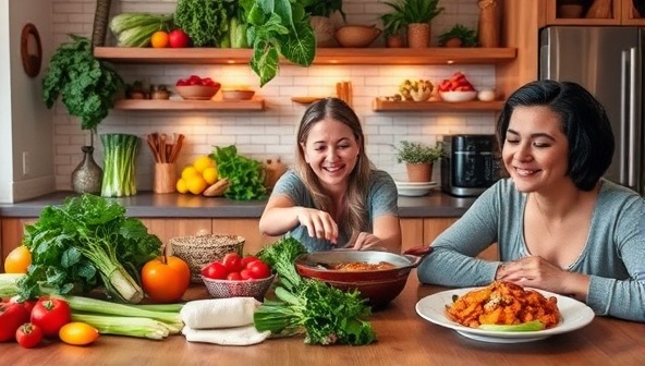 An inviting kitchen setting with a vibrant array of fresh vegetables, herbs, and plant-based ingredients neatly arranged in a meal prep kit, a person joyfully cooking a plant-based dish, and a satisfied diner savoring a delicious vegan meal, highlighting the simplicity and culinary creativity of GreenGourmet Kits.