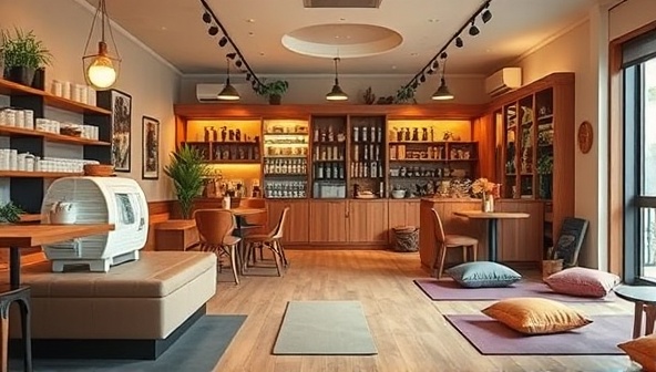 An inviting cafe interior with cozy seating areas, soft ambient lighting, shelves of herbal teas, and a tranquil meditation corner with cushions and yoga mats, creating a serene and calming ambiance for customers to unwind.