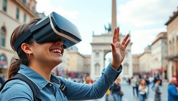 An image of a person wearing a VR headset, smiling and reaching out as if touching a virtual monument in a bustling city square, capturing the sense of wonder and immersion in the virtual travel experience.