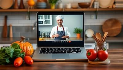 An inviting kitchen setting with a chef conducting a virtual cooking class on a laptop screen, surrounded by fresh ingredients and cooking utensils, exuding creativity and learning.