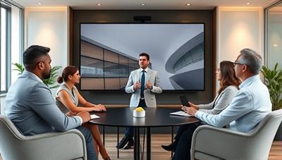 An elegant virtual meeting setup with a professional consultant advising a group of diverse business owners on financial strategies, conveying expertise and collaboration.