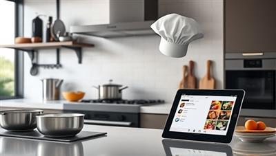 A sleek, modern kitchen setup with state-of-the-art cooking gadgets, a chef's hat hanging on a hook, and a digital tablet displaying a recipe app, exuding a blend of culinary expertise and tech sophistication.