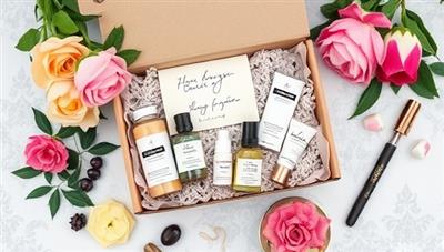 An artistic flat lay showcasing a beautifully curated beauty box filled with indie brand products, surrounded by fresh flowers, a handwritten note, and aesthetic props, creating a sense of luxury and exclusivity.