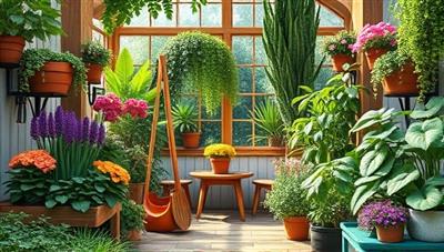 An inviting virtual garden space filled with lush plants, colorful flowers, gardening tools, and cozy seating areas where members of GreenThumbHub can virtually gather, share gardening experiences, and exchange plant care advice in a vibrant and green community setting.