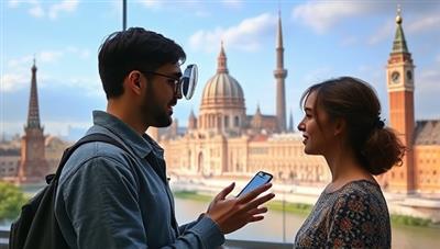 An engaging visual of a user interacting with the app's conversational AI tutor, practicing dialogues in multiple languages while exploring virtual cultural landmarks, creating an immersive and educational experience.