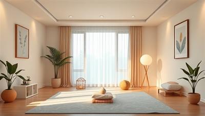 A serene virtual meditation room with calming colors, soft lighting, and mindfulness props, inviting users to explore mental well-being and relaxation through guided meditation sessions and wellness activities.