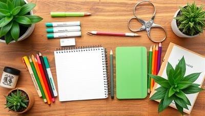 An assortment of eco-friendly school supplies neatly arranged on a wooden desk, surrounded by green plants and natural elements, conveying a sense of sustainability and eco-consciousness in education with the EcoEssentials subscription box.