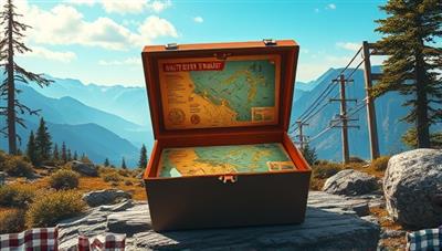 An adventurous digital artwork showcasing a traveler opening an adventure travel mystery box in a remote wilderness setting, revealing a stunning landscape and a map with hidden trails and landmarks, sparking curiosity and excitement for the upcoming journey.