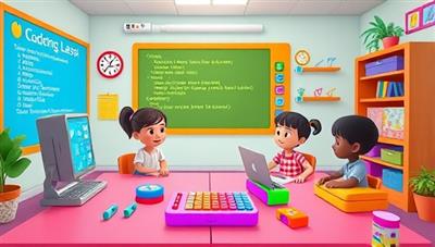 A vibrant digital classroom setting with animated characters engaging in a coding lesson, featuring colorful code blocks and a playful learning environment to appeal to young students.