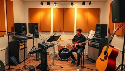An inspiring virtual music studio setup with a mentor and mentee collaborating on a musical project, surrounded by instruments, recording equipment, and creative notes, embodying the supportive and creative atmosphere of MusicMentor Hub.