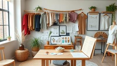 An online sustainable fashion design course setting with a virtual design studio equipped with eco-friendly fabric swatches, recycled materials, design sketches, and sustainable fashion mood boards, creating a visually inspiring and environmentally conscious learning environment.