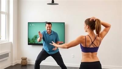 A dynamic and energetic image of a virtual fitness session, with a coach guiding a client through exercises via video call, showcasing motivation and support in a virtual training environment.