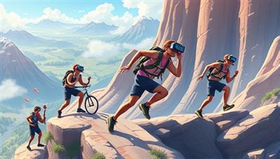 An exhilarating digital illustration featuring virtual fitness adventurers conquering challenging terrains and obstacles in an immersive virtual world, showcasing the thrill and excitement of FitQuestAdventures' virtual fitness challenges.
