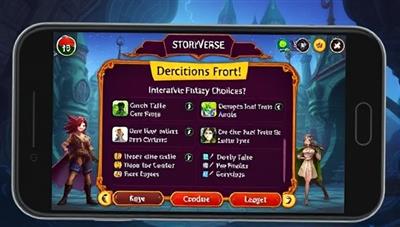 A visually captivating screenshot of the StoryVerse app interface, showcasing a pivotal decision point in a fantasy storyline with interactive choices displayed on the screen, accompanied by vibrant graphics and engaging character illustrations, inviting users to dive into the interactive storytelling experience.