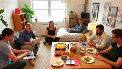 A lively co-living space with individuals working on laptops in a shared workspace, engaging in discussions, and enjoying a communal meal, showcasing the blend of work, social interaction, and community living at NomadNest Co-Living.