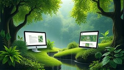 An artistic representation of a lush and green digital landscape with organic design elements and eco-friendly symbols intertwined with website screens and sustainable technology, illustrating the harmonious blend of sustainability and creativity in EcoWeb Solutions' consultancy services.