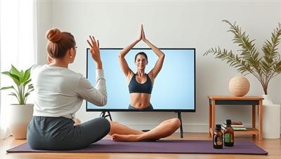 An inspiring image of a virtual wellness coaching session, featuring a coach guiding a client through a yoga pose via video call, surrounded by calming decor and essential oils, promoting relaxation and mindfulness.