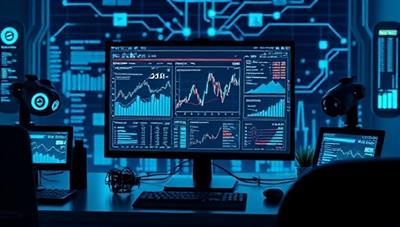 A futuristic workspace with a computer screen displaying intricate financial data analysis charts, surrounded by futuristic AI technology elements, symbolizing cutting-edge financial insights and efficiency.