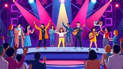 A vibrant digital illustration showcasing a diverse range of talented individuals performing on a virtual stage, with cheering spectators and judges providing feedback, capturing the excitement of an online talent show.