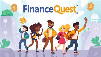 An engaging visual representation of FinanceQuest, featuring diverse characters navigating through financial challenges and earning rewards in a virtual world of personal finance education, symbolizing fun and learning in financial literacy through gamification.
