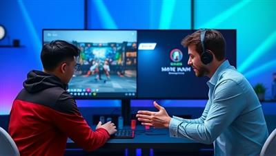 A split-screen image showing a professional e-sports player mentoring a gamer, with gameplay footage on one side and the coach providing guidance on the other, illustrating the personalized coaching experience offered by the platform.