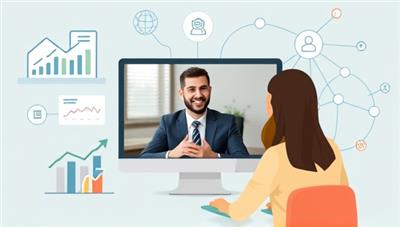 A virtual mentorship session visualized with a senior accountant providing guidance to a mentee via video call, surrounded by icons of financial reports, career growth charts, and networking connections, symbolizing professional development and mentor support offered by AccountPro Mentors.