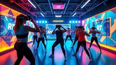 An immersive and futuristic visual showcasing a VR fitness class in action, featuring virtual trainers guiding participants through dynamic exercises in a virtual gym environment, with vibrant digital displays and interactive workout challenges, creating a high-tech and energetic atmosphere that revolutionizes the fitness industry through innovative technology and engaging fitness experiences.
