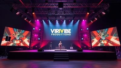 An immersive visual representation of a virtual event stage set up with professional lighting, branding elements, and interactive features, showcasing VirtualVibe Productions' ability to create engaging and memorable online experiences, evoking a sense of excitement and innovation in virtual event production.