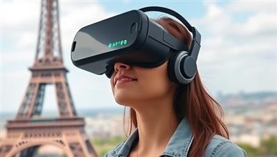 An individual wearing a VR headset, exploring a virtual representation of the Eiffel Tower in Paris with realistic details and interactive elements, capturing the essence of virtual travel experiences offered by Wanderlust VR.