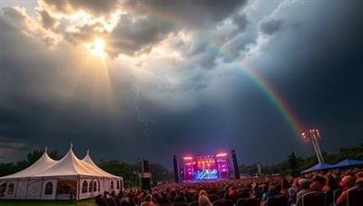 An atmospheric illustration of changing weather conditions, with sunlight breaking through storm clouds and a rainbow emerging, alongside event elements like tents, stages, and audience seating, symbolizing the protection and reassurance offered by WeatherWiseGuard's weather-triggered event insurance coverage.