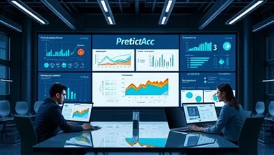 A futuristic office setting with a PredictAcc Data dashboard displayed on multiple screens, showing predictive financial models and risk assessments, surrounded by a team of professionals analyzing data patterns and trends, symbolizing data-driven financial decision-making and strategic planning.
