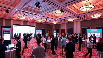 An immersive virtual event setup with avatars representing event attendees interacting in a digital ballroom, with virtual booths, networking lounges, and interactive presentations, capturing the essence of a dynamic and engaging virtual event experience.