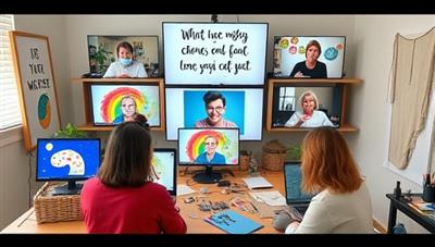 An online art therapy workshop scene showing participants engaging in creative activities on their individual screens, surrounded by calming art supplies and inspirational quotes, fostering a sense of community and healing at SoulCanvas Studio.
