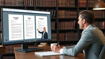 A professional virtual legal consultation setup with an attorney guiding a client through legal documents on a shared screen, a legal library backdrop, a desktop with legal resources, and a notepad for taking notes, illustrating a reliable and accessible online legal service.