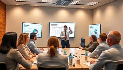 A dynamic workshop setting with a financial expert leading a group of small business owners through a budgeting exercise, with interactive charts and graphs displayed on screens, fostering collaboration and learning in the business community.
