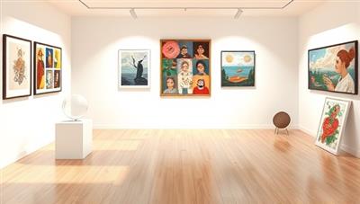 An aesthetically pleasing digital gallery space showcasing a virtual art exhibition with diverse artworks, interactive elements like artist interviews and virtual tours, and a seamless buying experience, creating an immersive and engaging platform for art enthusiasts.