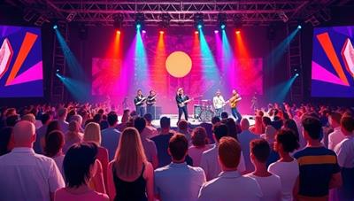 A vibrant digital illustration of a virtual music concert scene, showcasing a diverse audience interacting with the performers on a dynamic virtual stage, creating a lively and engaging atmosphere.