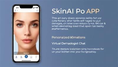 An engaging app interface showcasing a before-and-after skin transformation image, along with personalized skincare recommendations and a virtual dermatologist chat feature, highlighting the AI-driven skincare analysis and consultation capabilities of the SkinAI Pro app.