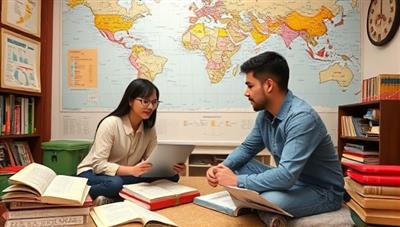 An engaging virtual language lesson setup with a tutor and a student interacting through a language learning platform, surrounded by language textbooks, maps, and cultural artifacts, fostering a dynamic and immersive learning environment.