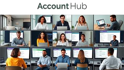 A diverse group of individuals engaging in online accounting courses through ProLearn Accounting Hub, with virtual classrooms, interactive quizzes, and course materials displayed on digital screens, symbolizing continuous learning and professional development in accounting.